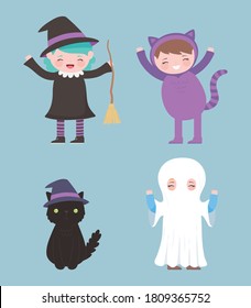happy halloween, costume characters girls witch cat and ghost trick or treat, party celebration vector illustration