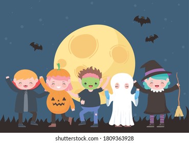 happy halloween, costume characters mummy pumpkin ghost dracula witch zombie, party celebration vector illustration