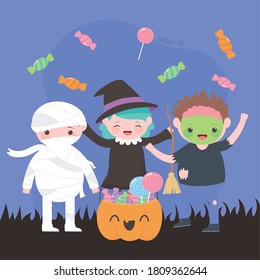 happy halloween, costume characters zombie mummy witch with pumpkin and candies, trick or treat, party celebration vector illustration