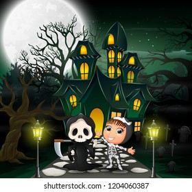 Happy halloween costume kid in front of the haunted house with full moon background