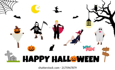 Happy Halloween  costume kids illustration set

