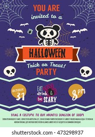 Happy Halloween costume party invitation template, poster. Spooky Panda skeleton. Place to fill in your details at the bottom of the page. 