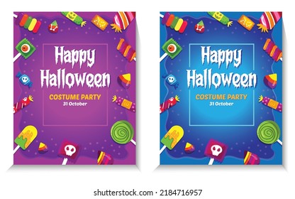 Happy Halloween Costume Party Poster With Candy Background. Set Of Quality Vector Poster, Banner Or Flyer Halloween Templates.