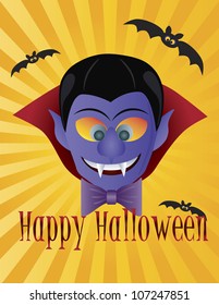 Happy Halloween Count Dracula with Bats Sun Rays and Text Illustration