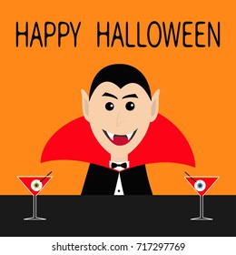 Happy Halloween. Count Dracula head face wearing black and red cape. Cute cartoon smiling vampire character fangs. Bar counter Martini glass with blood eyeball. Flat design. Orange background. Vector