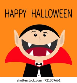 Happy Halloween. Count Dracula head face wearing black and red cape. Cute cartoon vampire character with fangs. Big mouth. Greeting card. Flat design. Orange background. Isolated. Vector illustration