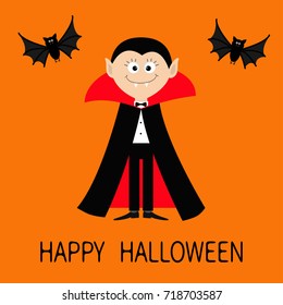 Happy Halloween. Count Dracula wearing black and red cape. Cute cartoon vampire smiling character face with fangs. Two flying bat animal. Flat design. Orange background. Vector illustration