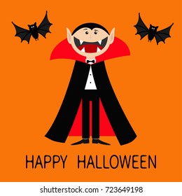 Happy Halloween. Count Dracula wearing black and red cape. Cute cartoon vampire character with big open mouth, tongue, fangs. Two flying bats. Flat design. Orange background. Vector illustration