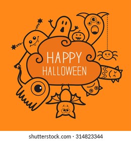 Happy Halloween countour doodle. Ghost, bat, pumpkin, spider, monster set. Cloud frame. Orange background Flat design vector illustration