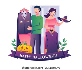 Happy Halloween with a couple trying dressed spooky outfits to prepare for the Halloween night party. Vector illustration in flat style