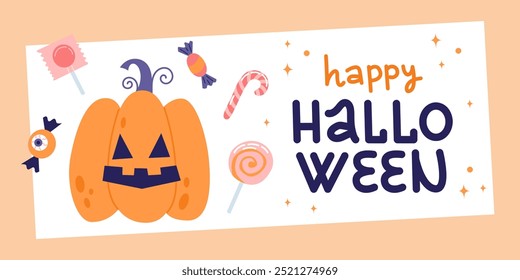 Happy Halloween cover or card design. Hand drawn calligraphy and cute spooky pumpkin. Vector illustration template