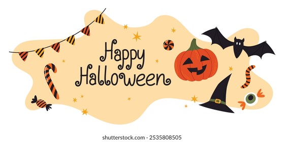 Capa de Halloween feliz ou design de cartão. Letras desenhadas à mão e abóbora fofa, morcego assustador e chapéu de bruxa. Modelo de ilustração vetorial