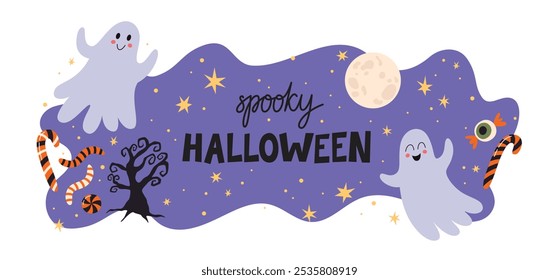 Happy Halloween cover or card design. Hand drawn lettering and cute cheerful ghosts. Vector illustration template