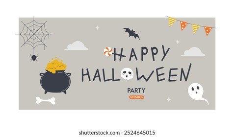 Portada de Halloween o Plantilla de tarjeta. Invitación a fiesta. Fondo de Vector con caldero de bruja, fantasma y cráneo. Fuente sobre fondo gris. Ilustración de diseño de Vector plano.