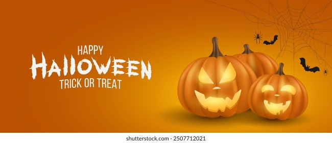 Happy Halloween cover design. Emotional cartoon 3D pumpkins with evil smile on orange background. Trick or treat. Spiders weave webs. Vector illustration. EPS 10.