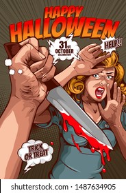 happy halloween cover template  background, horror comic, picture hand holding a knife and woman in very shocked fear,  and speech bubbles, doodle art, Vector illustration.