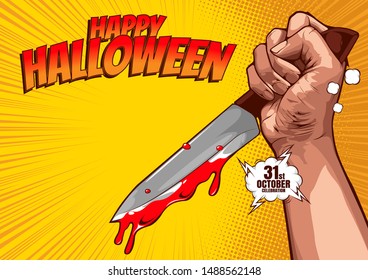 happy halloween cover template, horror comic, Hand holding a knife on red background, speech bubbles, doodle art, Vector illustration, you can place relevant content on the area.