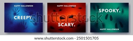 Happy Halloween covers. Gradient banners, cards with monster hands behind glass, jack o lantern eyes, ghosts looking from the dark. Grainy texture, glass effect. Creative illustration, scary concept.