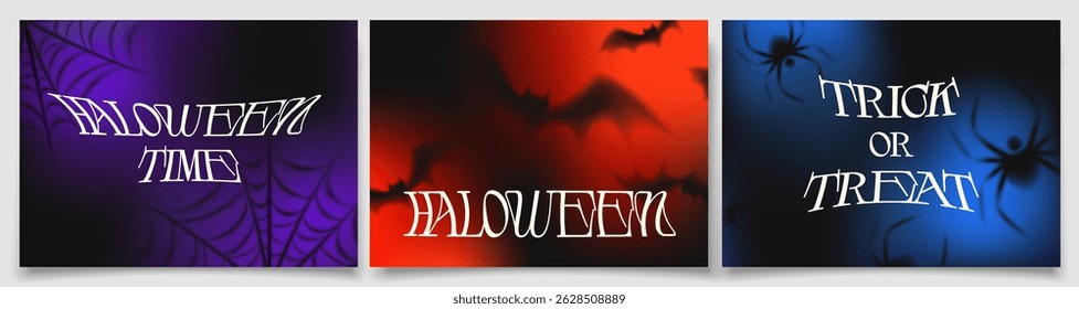 Happy Halloween covers. Textured grainy banners with scary silhouettes of spiders, spooky bats and cobwebs. Design for Halloween celebration. Gradient vector illustration isolated on background