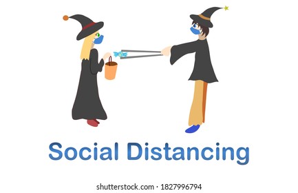 Happy Halloween in COVID-19 pandemic , Cute cartoon  Boy giving candy to a girl by long chopsticks .Corona virus protection. vector
