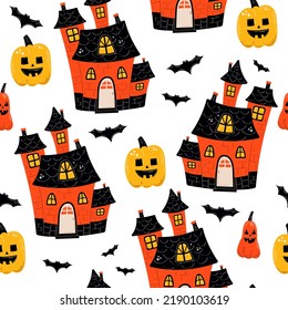 Happy Halloween cozy haunted house. Vector illustration, seamless pattern