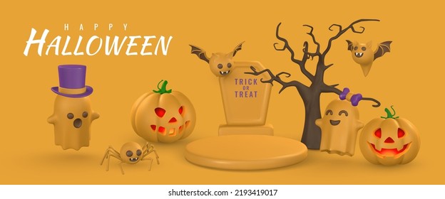 Happy Halloween creative banner. Cute cartoon 3d Halloween pumpkin, ghost, tombstone, bat and spider. Halloween concept. Vector illustration.