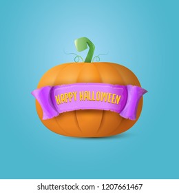Happy Halloween creative greeting card or icon with big orange realistic vector pumkin and ribbon isolated on azure background . Funky kids Halloween banner or label with halloween text .