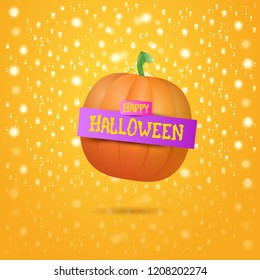 Happy Halloween creative greeting card or icon with big orange realistic vector pumkin and ribbon on orange background with lights and stars. Funky kids Halloween banner or label with halloween text .