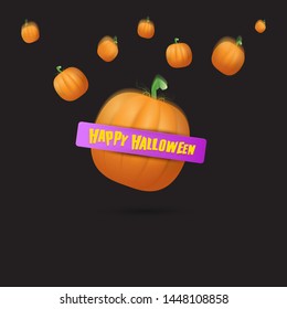 Happy Halloween creative greeting card or banner with realistic falling pumpkuns isolated on black background . Funky kids Halloween banner or label with halloween text .