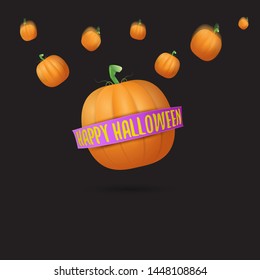 Happy Halloween creative greeting card or banner with realistic falling pumpkuns isolated on black background . Funky kids Halloween banner or label with halloween text .