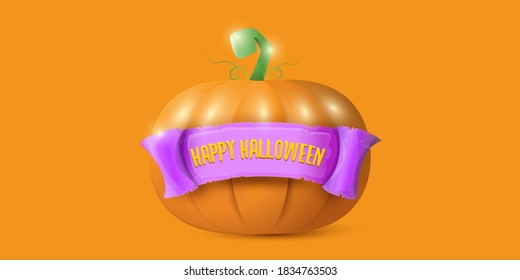 Happy Halloween creative horizontal banner with big orange realistic vector pumkin and vintage ribbon isolated on orange background . Funky kids Halloween icon or label with halloween text.