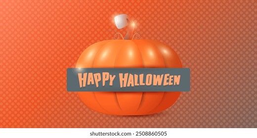 Happy Halloween creative horizontal banner with big orange realistic vector pumpkin and vintage ribbon isolated on abstract background. Funky kids Halloween icon or label with Halloween text.