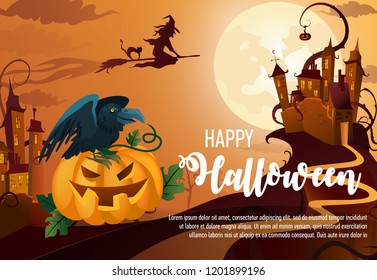 Happy Halloween creative poster design. Calligraphy with witch on broom, raven, angry pumpkin, cartoon castles, full moon. Can be used for banners, posters,invitations. 