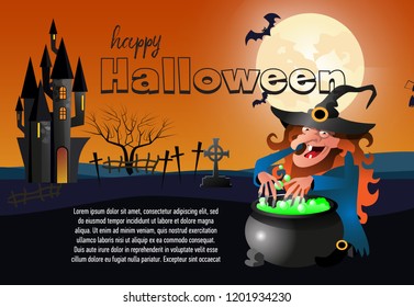 Happy Halloween creative poster design with cartoon witch. Calligraphy with cartoon witch, graves, castle and full moon. Can be used for banners, posters, invitations.