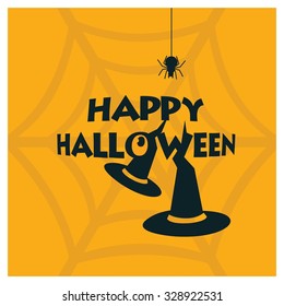 Happy Halloween Creative typography sticker, tag or label with witch hatch and spider net in background. vector illustration