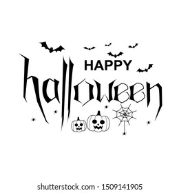 Happy Halloween, Creative vector hand lettering text with pumpkins , bats , hanging spiders and web modern design for the celebration of Halloween.