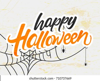 Happy Halloween, Creative vector hand lettering text with hanging spiders and web on Retro background for the celebration of Halloween.
