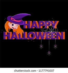 Happy Halloween. Creative vector lettering text with spiderweb and little girl witch face. Template for Halloween party invitation scary banner, greeting card, typography poster. Isolated illustration