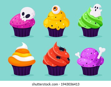 Happy Halloween. Creepy cupcakes with eye, spider, ghost. Vector illustration in flat style. 