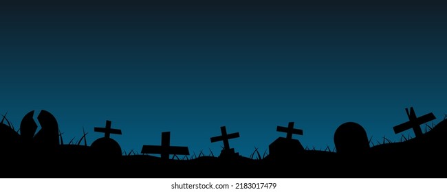 Happy Halloween in a creepy forest at horror night in the graveyard. Holiday Halloween. Black silhouettes of pumpkins on the cemetery on blue background. Graveyard trees. Vector illustration.