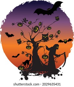 
Happy Halloween Creepy illustration with cat, bats and castle sunsite background