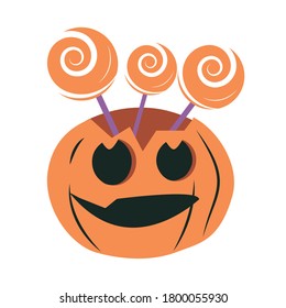 happy halloween, creepy pumpkin candy in sticks trick or treat party celebration flat icon design vector illustration