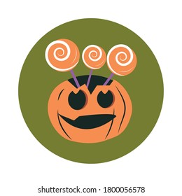 happy halloween, creepy pumpkin candy in sticks trick or treat party celebration flat and block icon vector illustration