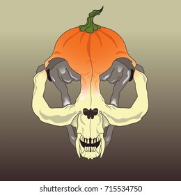 Happy Halloween with creepy pumpkin cat skull. Vector illustration.