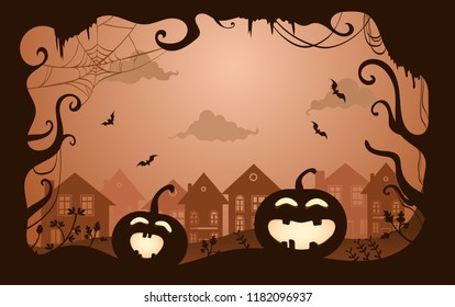 happy Halloween. creepy pumpkin and forest silhouettes. the party starts