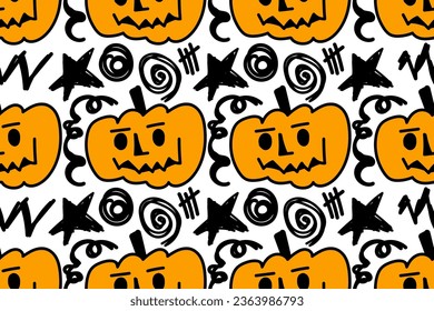 Happy Halloween. Creepy, scary, spooky, evil pumpkin Jack. Doodle art. October. Autumn season. Trendy, stylish, fashionable, seamless vector pattern for design and decoration.