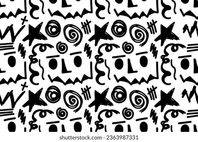 Happy Halloween. Creepy, scary, spooky, evil pumpkin Jack, ghost, monster. Doodle art. October. Autumn season. Trendy, stylish, fashionable, seamless vector pattern for design and decoration.