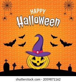Happy Halloween creepy vector illustration with pumpkin and bats with graveyard background. 