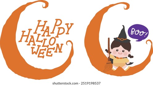 happy halloween with crescent moon and cute kids witch costume