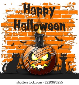 Happy Halloween. Cricket ball in the form of a pumpkin with a candle and cats against the background of bricks. Pattern for banner, poster, greeting card, invitation. Vector illustration 